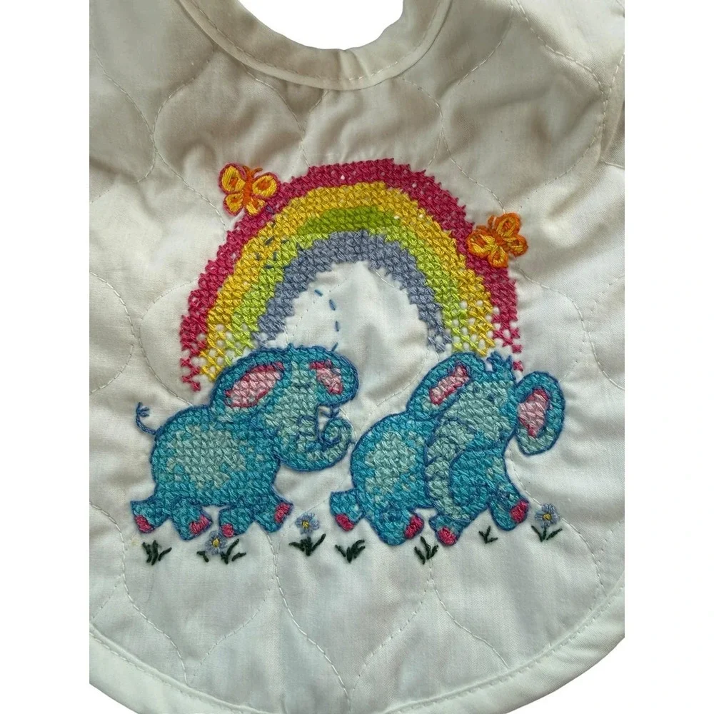 Vintage hand stitched crochet Quilted Elephant Rainbow Bib Kids OS White